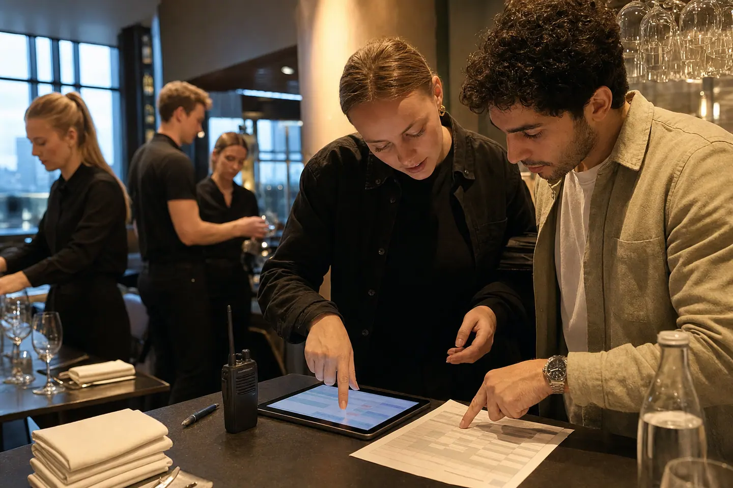 Illustrativ planlægning af et bemandingsbehov ved et bord med vagtplan og noter